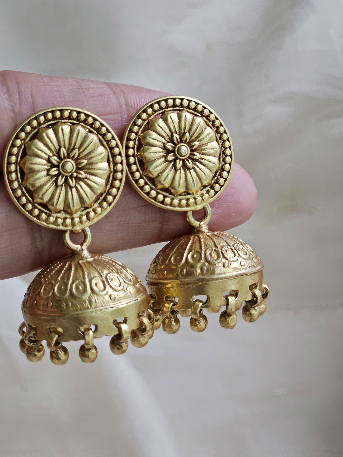 Gold Sunburst Jhumka Earrings — 925 Silver, Handcrafted Temple Jewelry