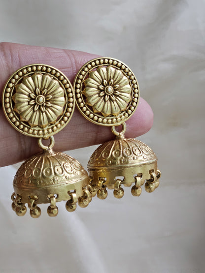 Gold Sunburst Jhumka Earrings — 925 Silver, Handcrafted Temple Jewelry