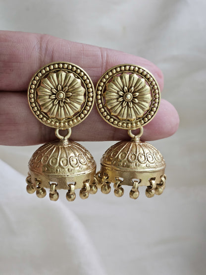 Gold Sunburst Jhumka Earrings — 925 Silver, Handcrafted Temple Jewelry