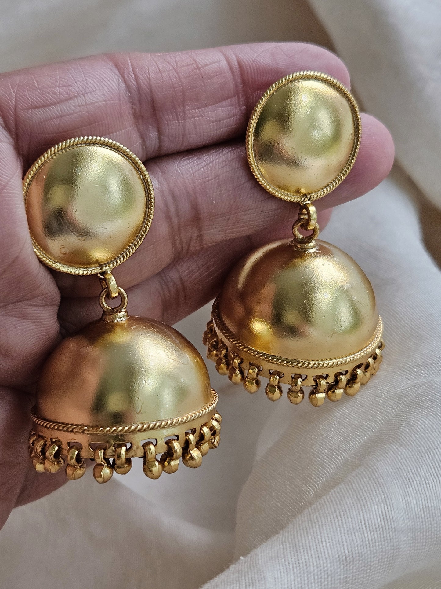 Large Gold Dome Jhumka Earrings — 925 Silver, Handcrafted Statement Jewelry