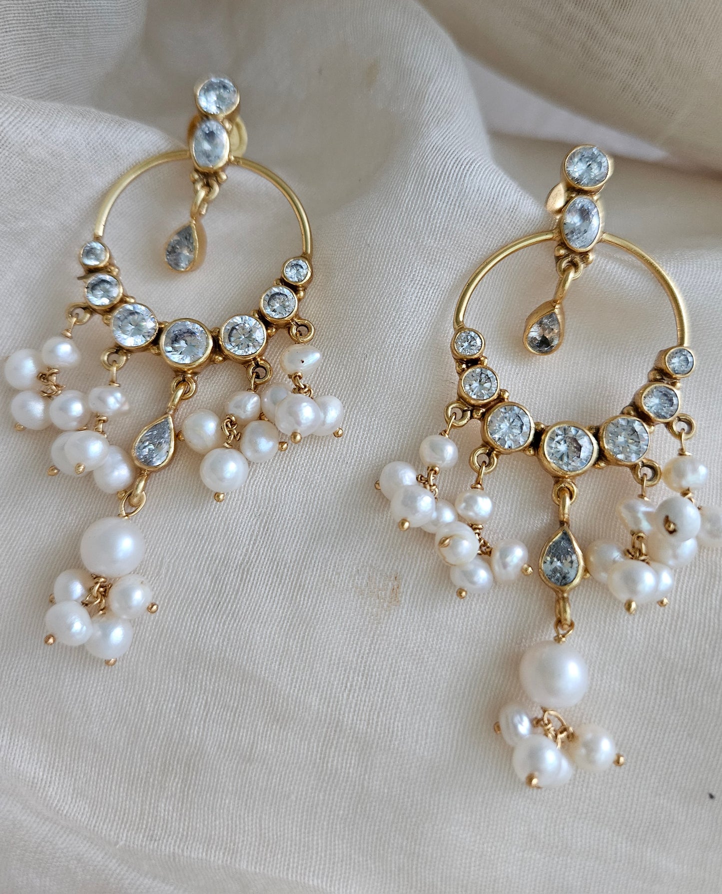 Gold Chandbali Earrings — 925 Silver, CZ & Freshwater Pearl, Bridal