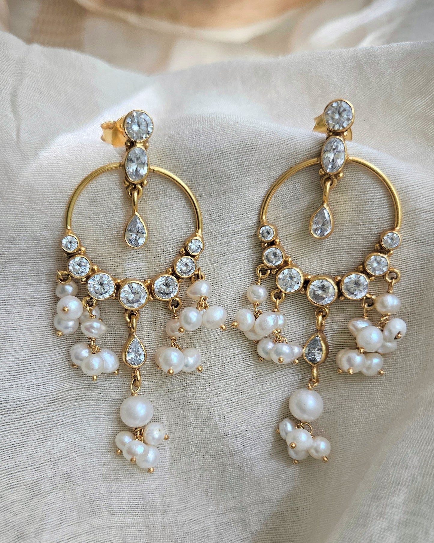 Gold Chandbali Earrings — 925 Silver, CZ & Freshwater Pearl, Bridal