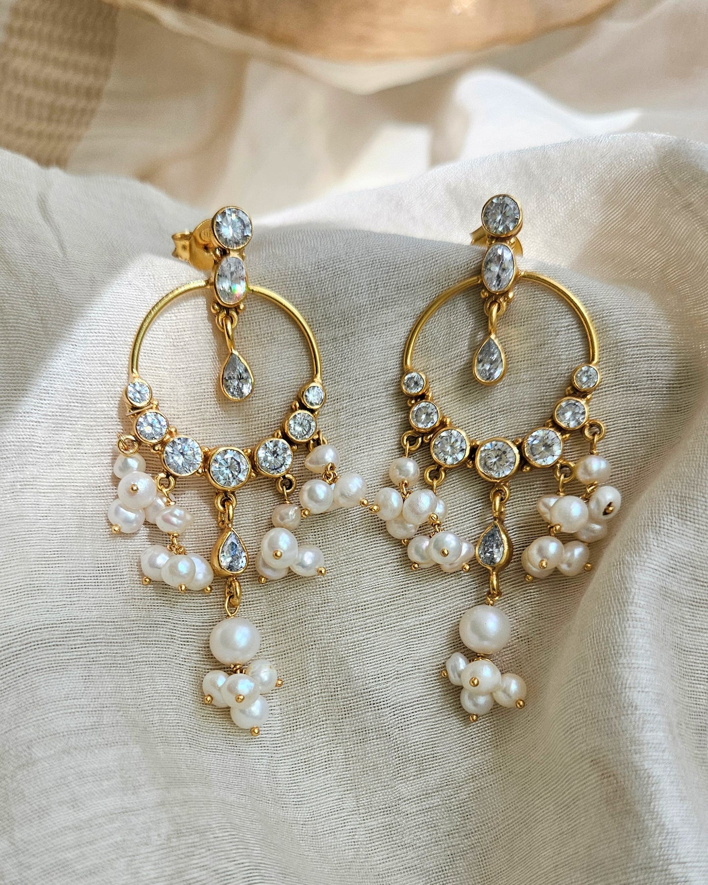 Gold Chandbali Earrings — 925 Silver, CZ & Freshwater Pearl, Bridal