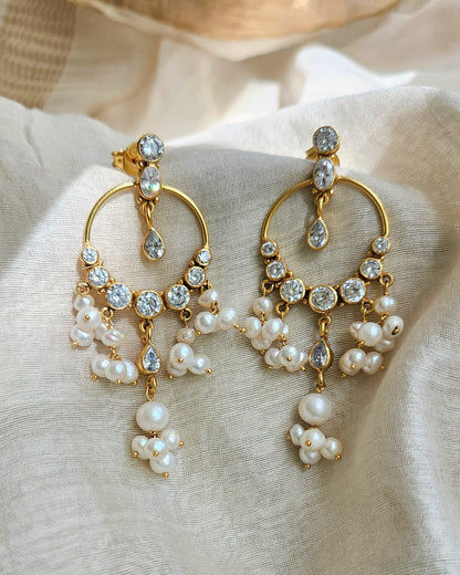 Gold Chandbali Earrings — 925 Silver, CZ & Freshwater Pearl, Bridal