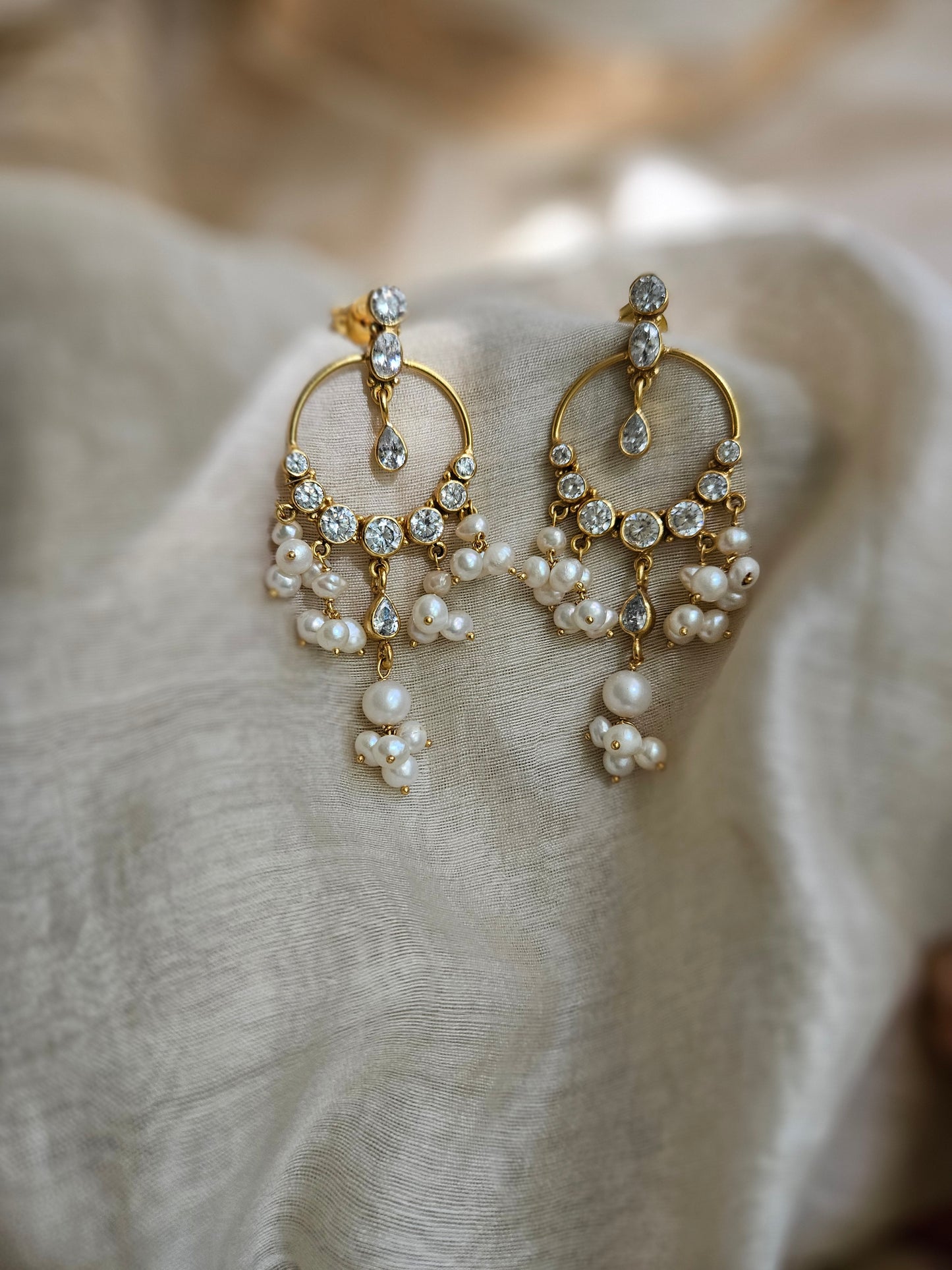 Gold Chandbali Earrings — 925 Silver, CZ & Freshwater Pearl, Bridal
