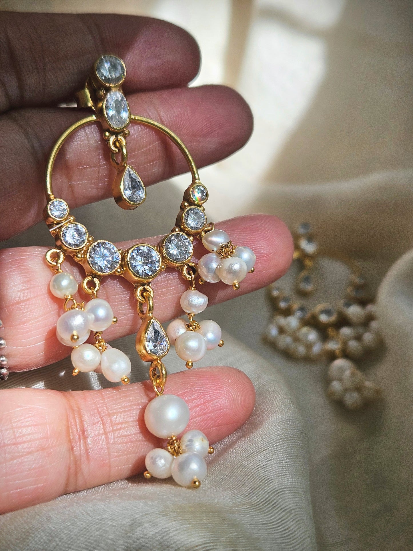 Gold Chandbali Earrings — 925 Silver, CZ & Freshwater Pearl, Bridal