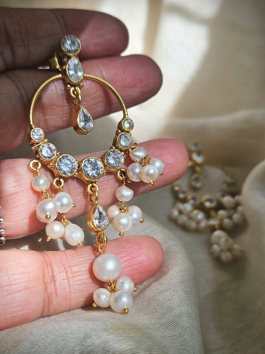 Gold Chandbali Earrings — 925 Silver, CZ & Freshwater Pearl, Bridal