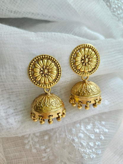 Gold Sunburst Jhumka Earrings — 925 Silver, Handcrafted Temple Jewelry