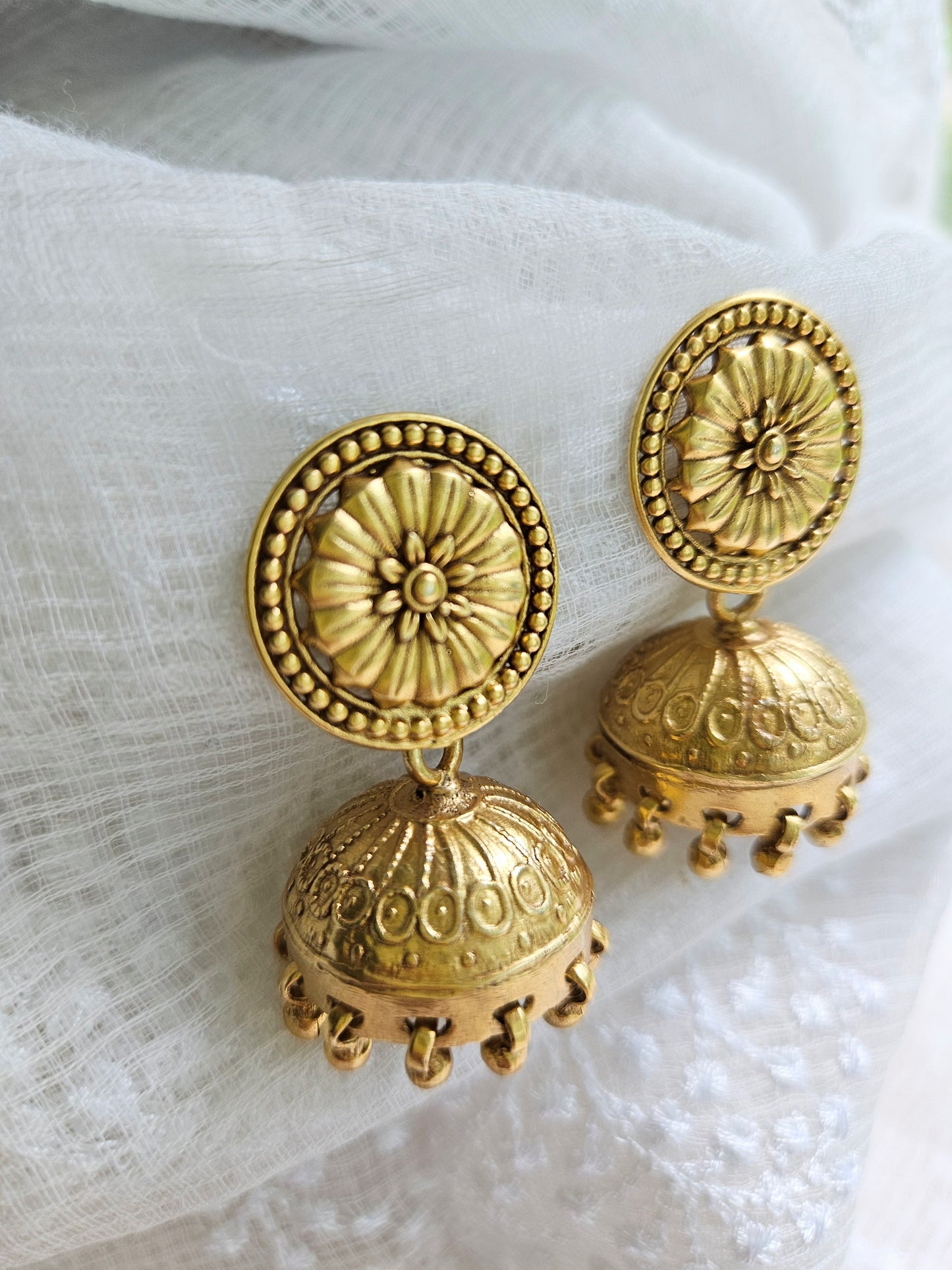 Gold Sunburst Jhumka Earrings — 925 Silver, Handcrafted Temple Jewelry