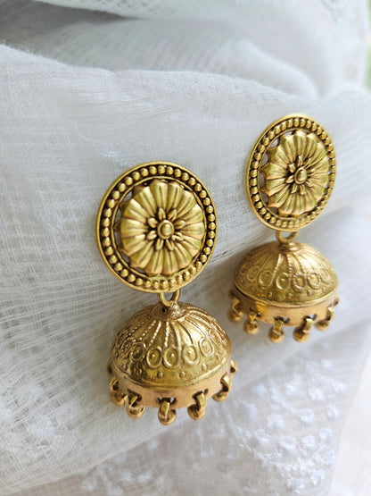 Gold Sunburst Jhumka Earrings — 925 Silver, Handcrafted Temple Jewelry