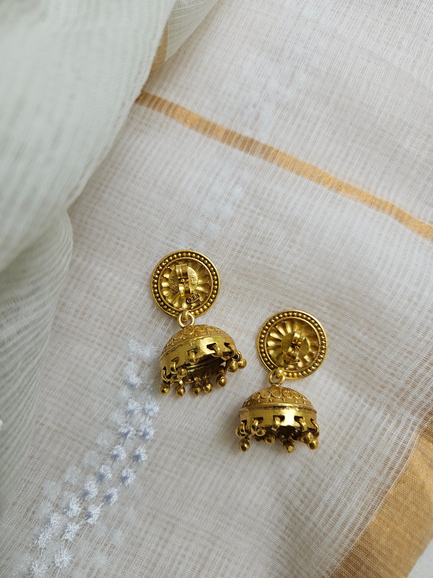 Gold Sunburst Jhumka Earrings — 925 Silver, Handcrafted Temple Jewelry