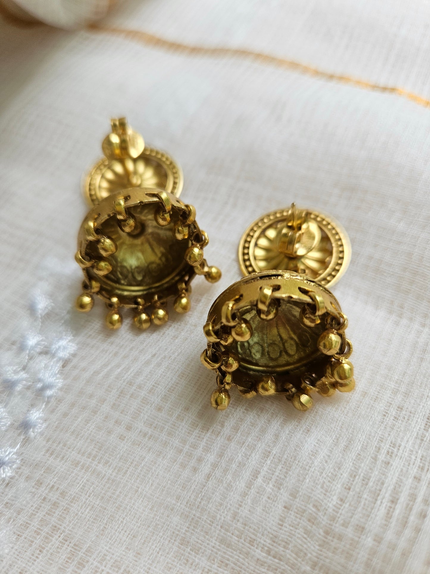 Gold Sunburst Jhumka Earrings — 925 Silver, Handcrafted Temple Jewelry