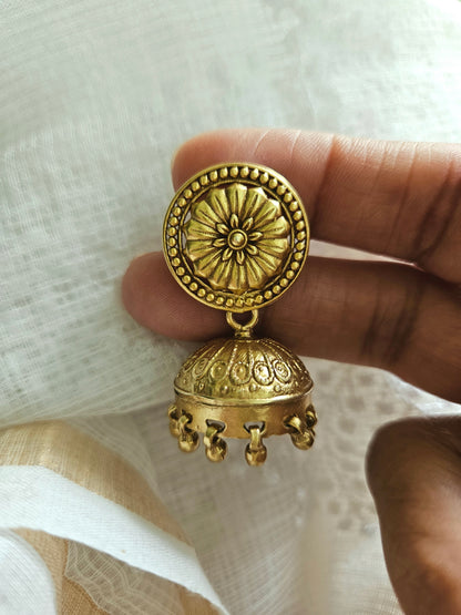 Gold Sunburst Jhumka Earrings — 925 Silver, Handcrafted Temple Jewelry