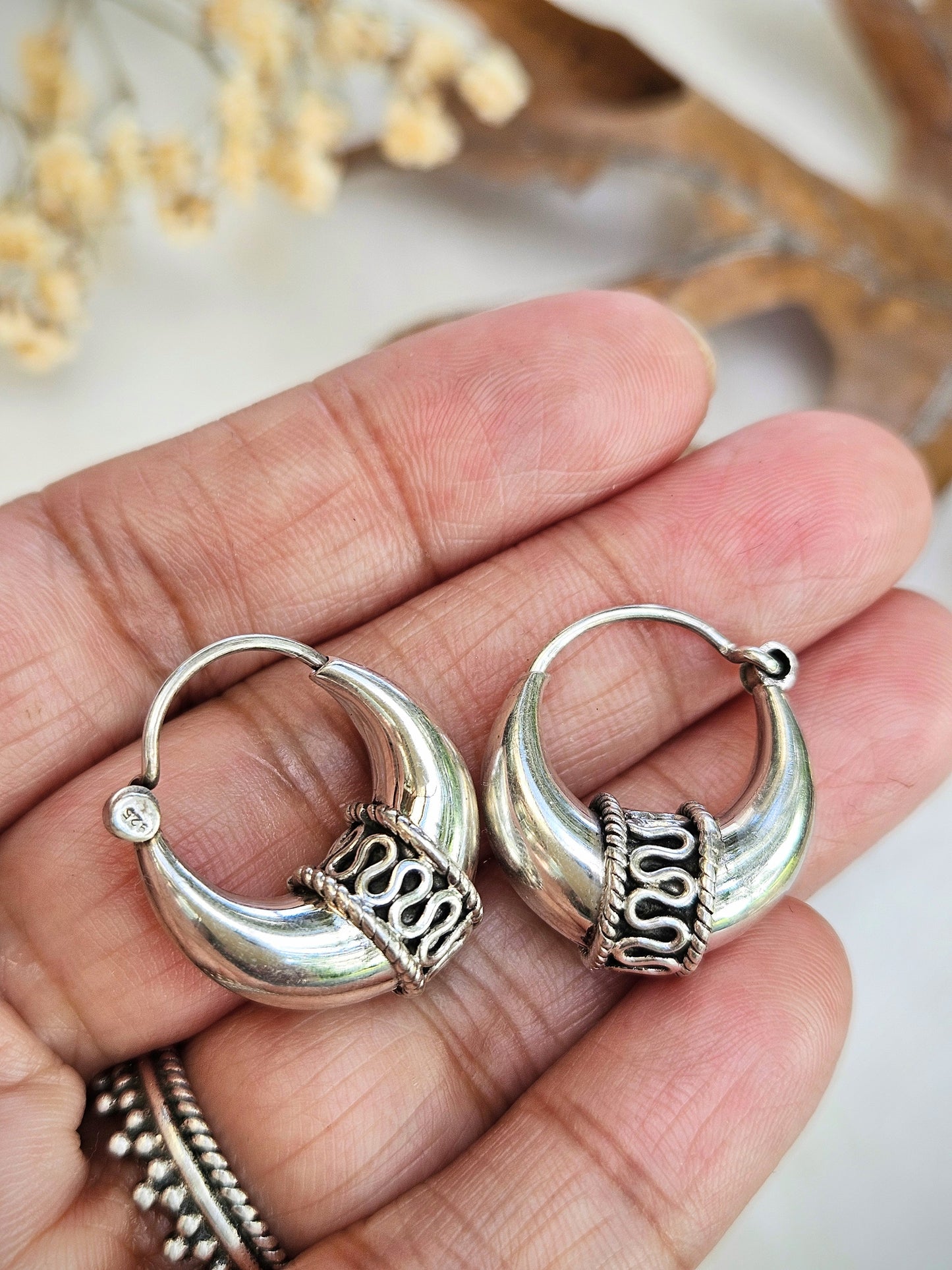 Bohemian Tribal Silver Hoops, 925 Sterling Silver Balinese Hoop