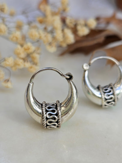 Bohemian Tribal Silver Hoops, 925 Sterling Silver Balinese Hoop