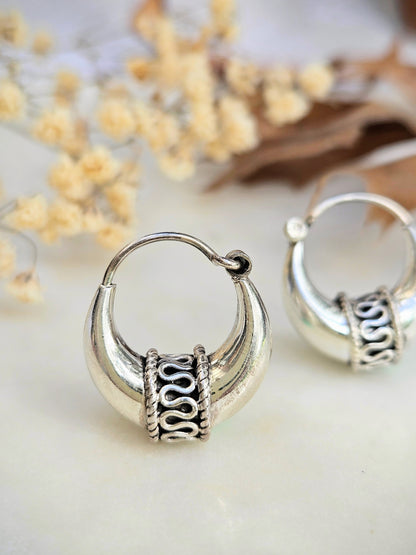 Bohemian Tribal Silver Hoops, 925 Sterling Silver Balinese Hoop