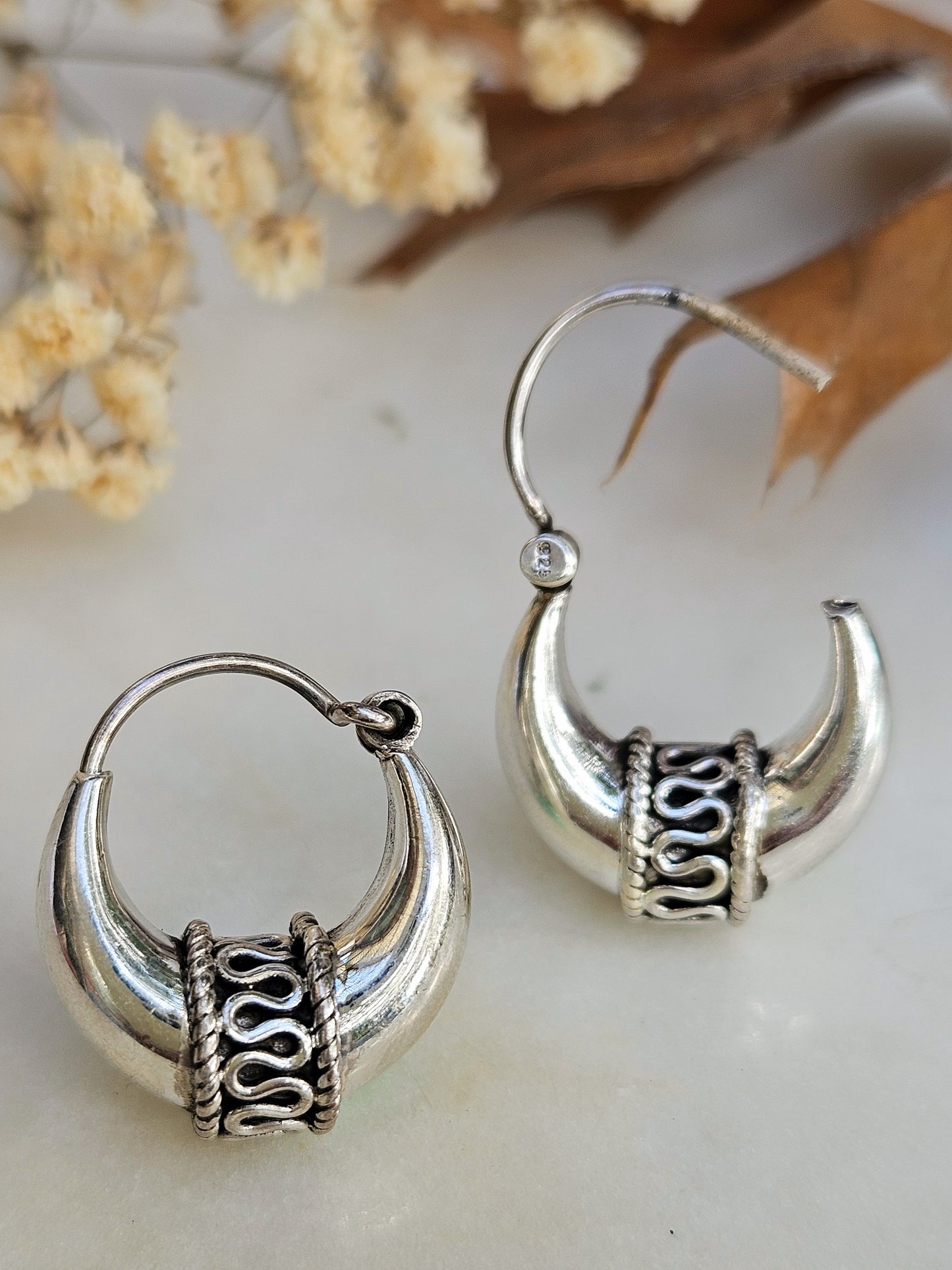 Bohemian Tribal Silver Hoops, 925 Sterling Silver Balinese Hoop