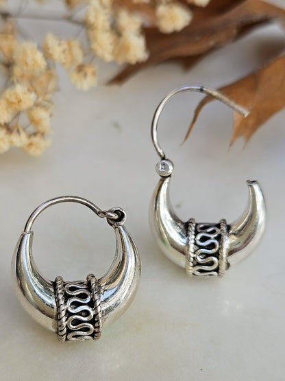 Bohemian Tribal Silver Hoops, 925 Sterling Silver Balinese Hoop