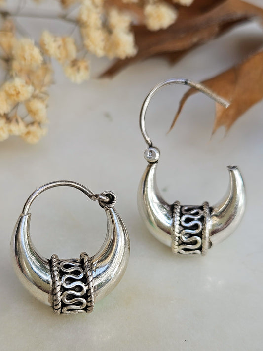 Bohemian Tribal Silver Hoops, 925 Sterling Silver Balinese Hoop