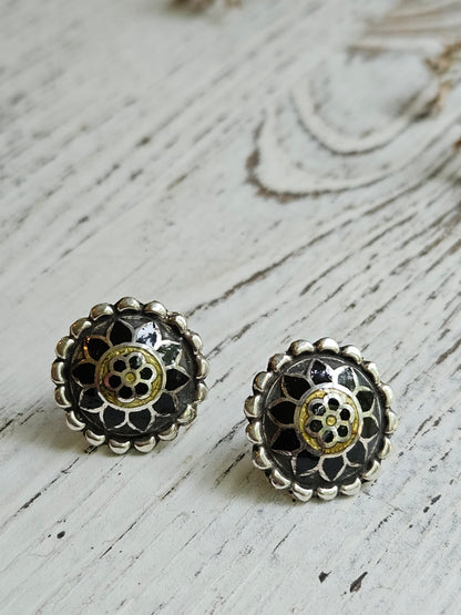 Shyama Lotus Black Meenakari 925 Sterling Silver Stud Earrings | Handcrafted Udaipur Enamel
