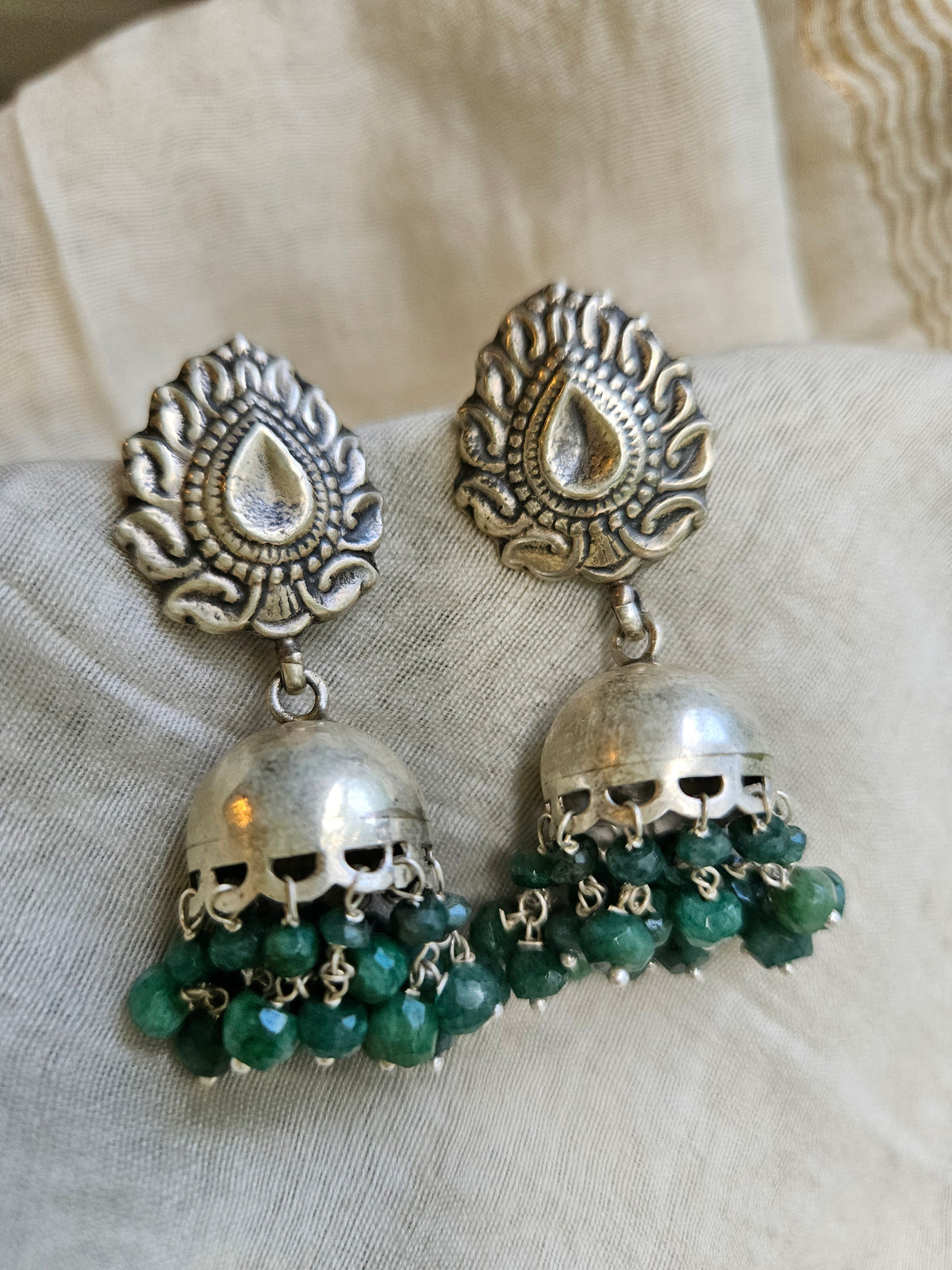 Sterling Silver Paisley Jhumkas with Green Bead Clusters