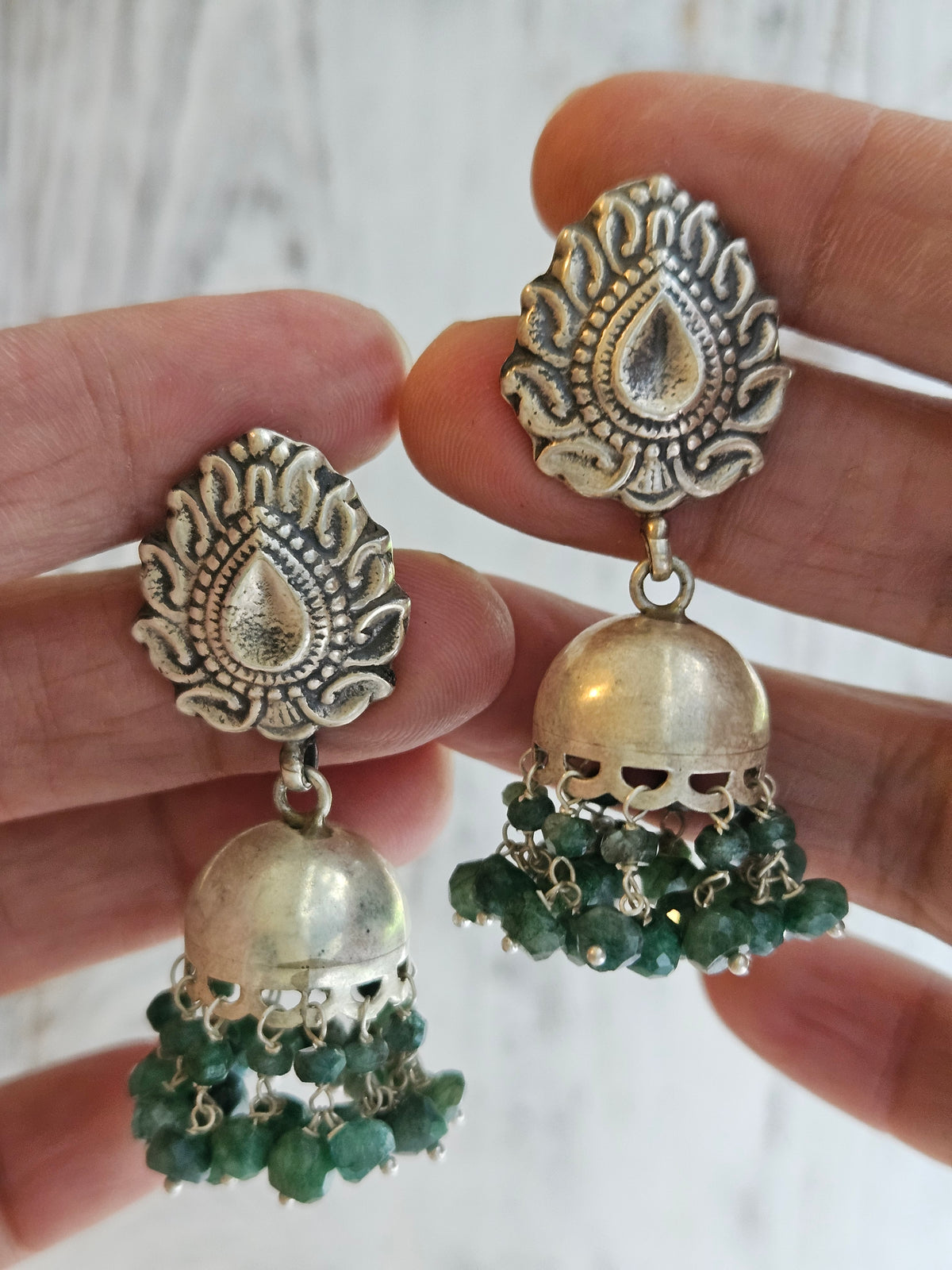 Sterling Silver Paisley Jhumkas with Green Bead Clusters