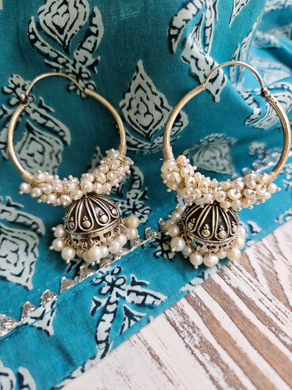 Chandni Moti Bali Jhumka Earrings | Oxidised 925 Silver Freshwater Pearl Hoops
