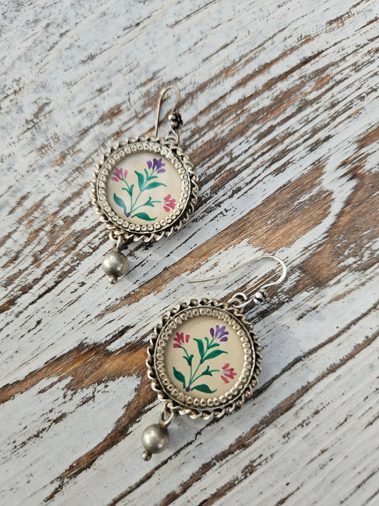 Chand Bagh Hand-Painted 925 Sterling Silver Earrings | Round Mughal Floral Danglers