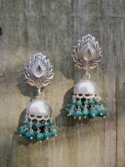 Sterling Silver Paisley Jhumkas with Green Bead Clusters