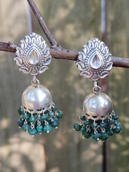 Sterling Silver Paisley Jhumkas with Green Bead Clusters