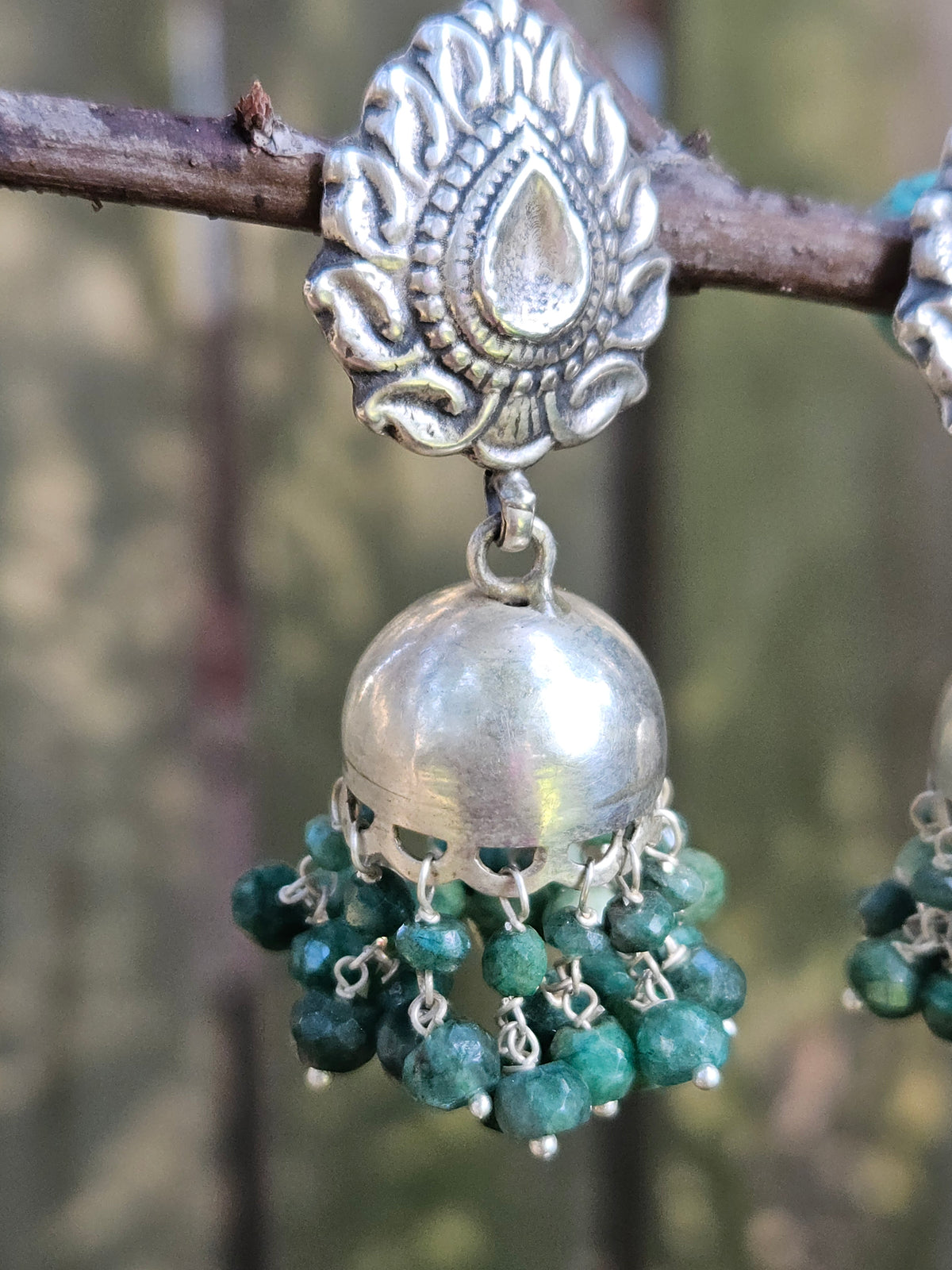 Sterling Silver Paisley Jhumkas with Green Bead Clusters