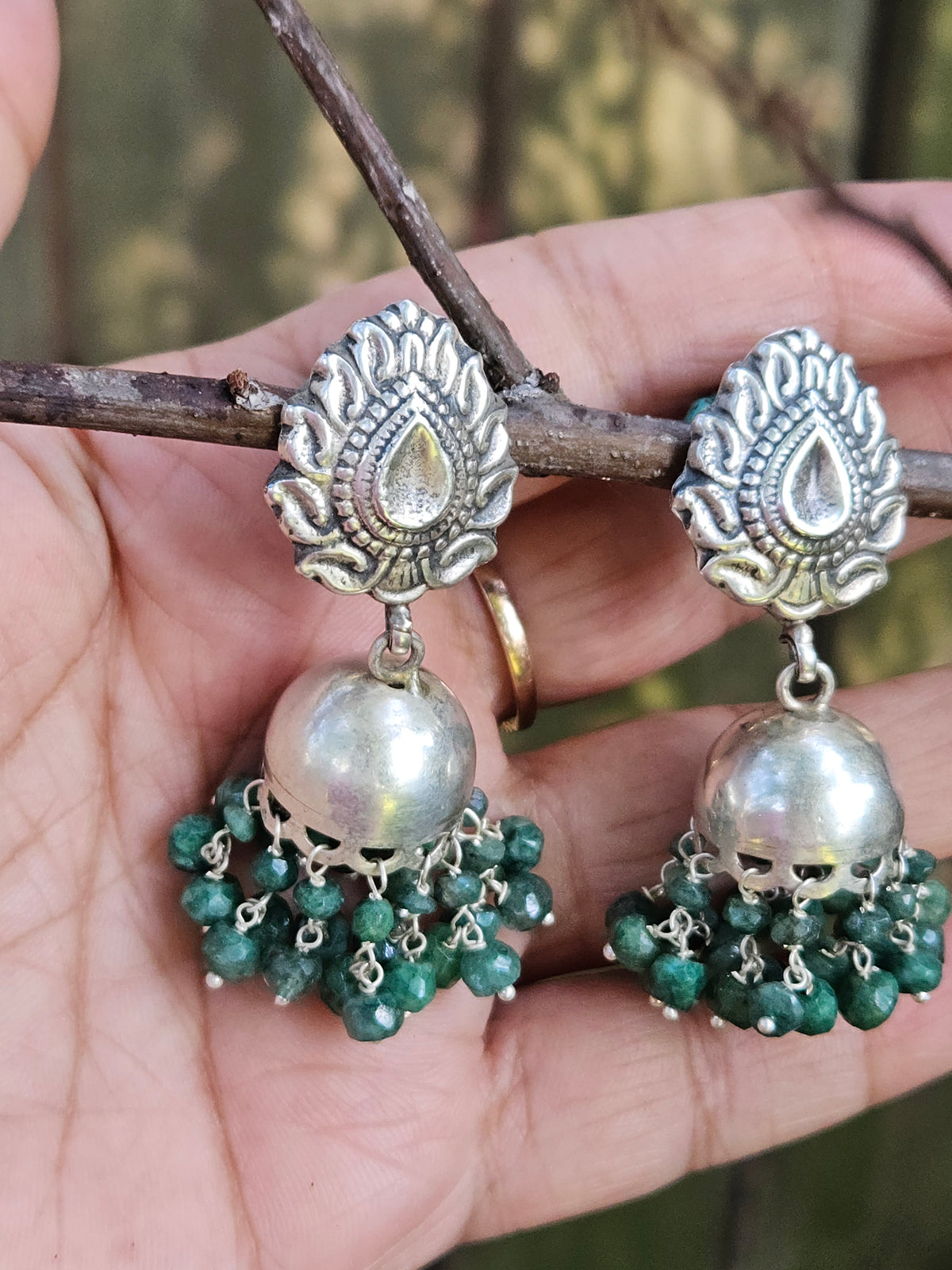 Sterling Silver Paisley Jhumkas with Green Bead Clusters