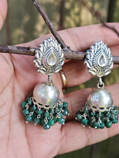 Sterling Silver Paisley Jhumkas with Green Bead Clusters