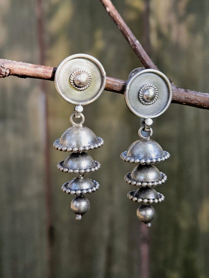 Three-Tier Oxidised 925 Sterling Silver Jhumka Earrings | Handcrafted Layered Jhumkis