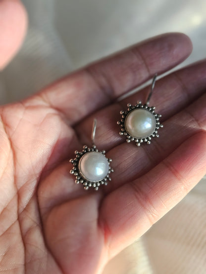 Suraj Moti Freshwater Pearl Earrings | 925 Hallmarked Sterling Silver Sunburst French Hook Drops