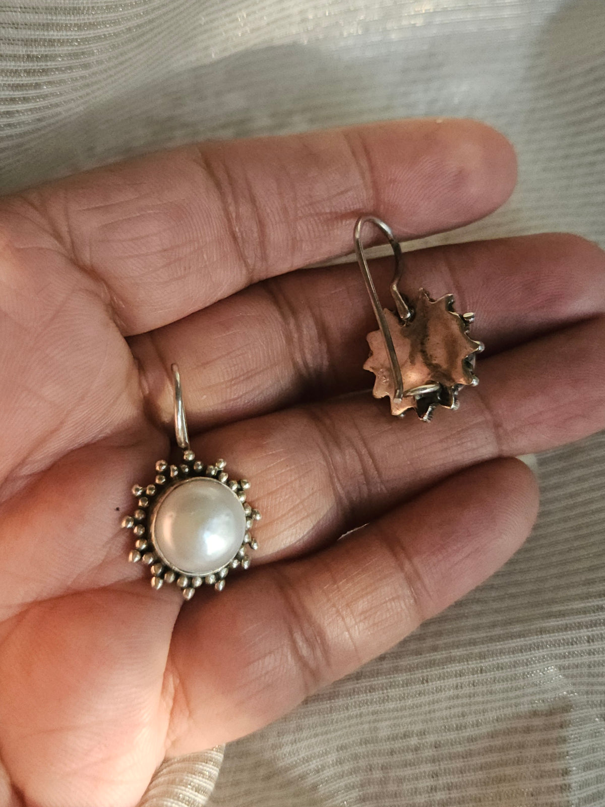 Suraj Moti Freshwater Pearl Earrings | 925 Hallmarked Sterling Silver Sunburst French Hook Drops