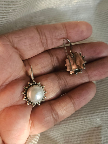 Suraj Moti Freshwater Pearl Earrings | 925 Hallmarked Sterling Silver Sunburst French Hook Drops
