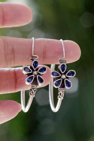 Suman -  925 Sterling Silver blue floral hoop earring