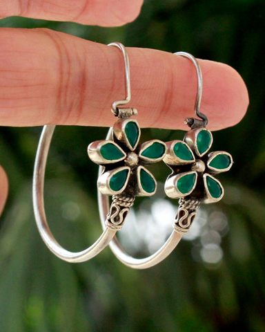 Tulsi -  925 Sterling Silver Green floral hoop earring