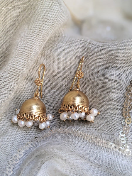 Suvarna - Small  gold polished Silver Jhumka with pearl drops