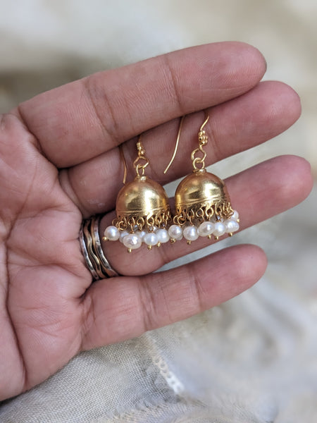 Suvarna - Small  gold polished Silver Jhumka with pearl drops