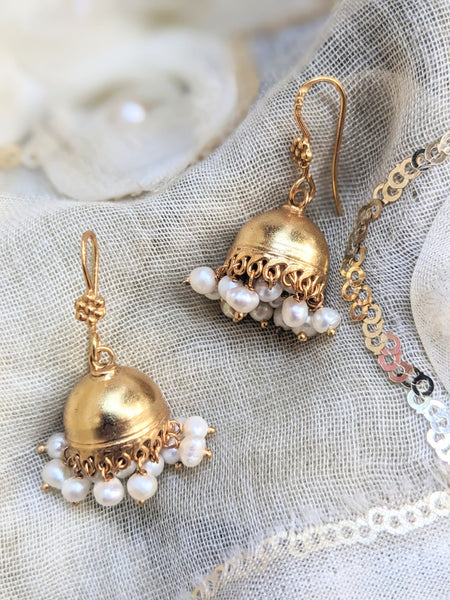 Suvarna - Small  gold polished Silver Jhumka with pearl drops