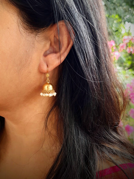 Suvarna - Small  gold polished Silver Jhumka with pearl drops