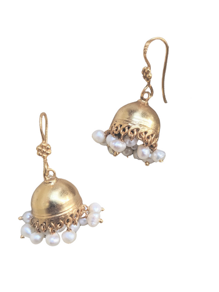Suvarna - Small  gold polished Silver Jhumka with pearl drops