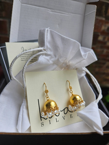 Suvarna - Small  gold polished Silver Jhumka with pearl drops