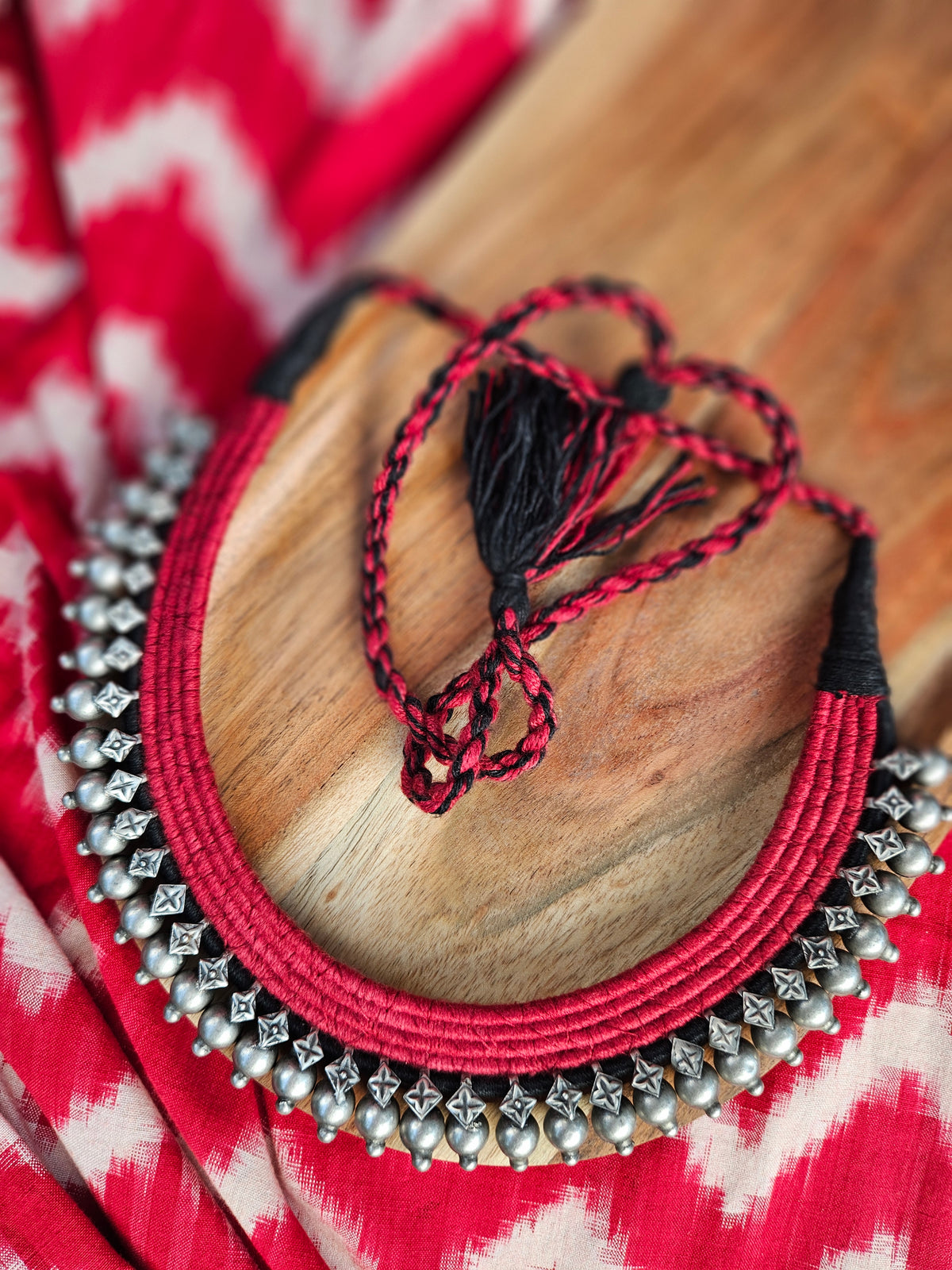 Rann Utsav Oxidised 925 Silver Thread Choker Necklace with Earrings | Handcrafted Tribal Rajasthani Kutchi Jewelry Set