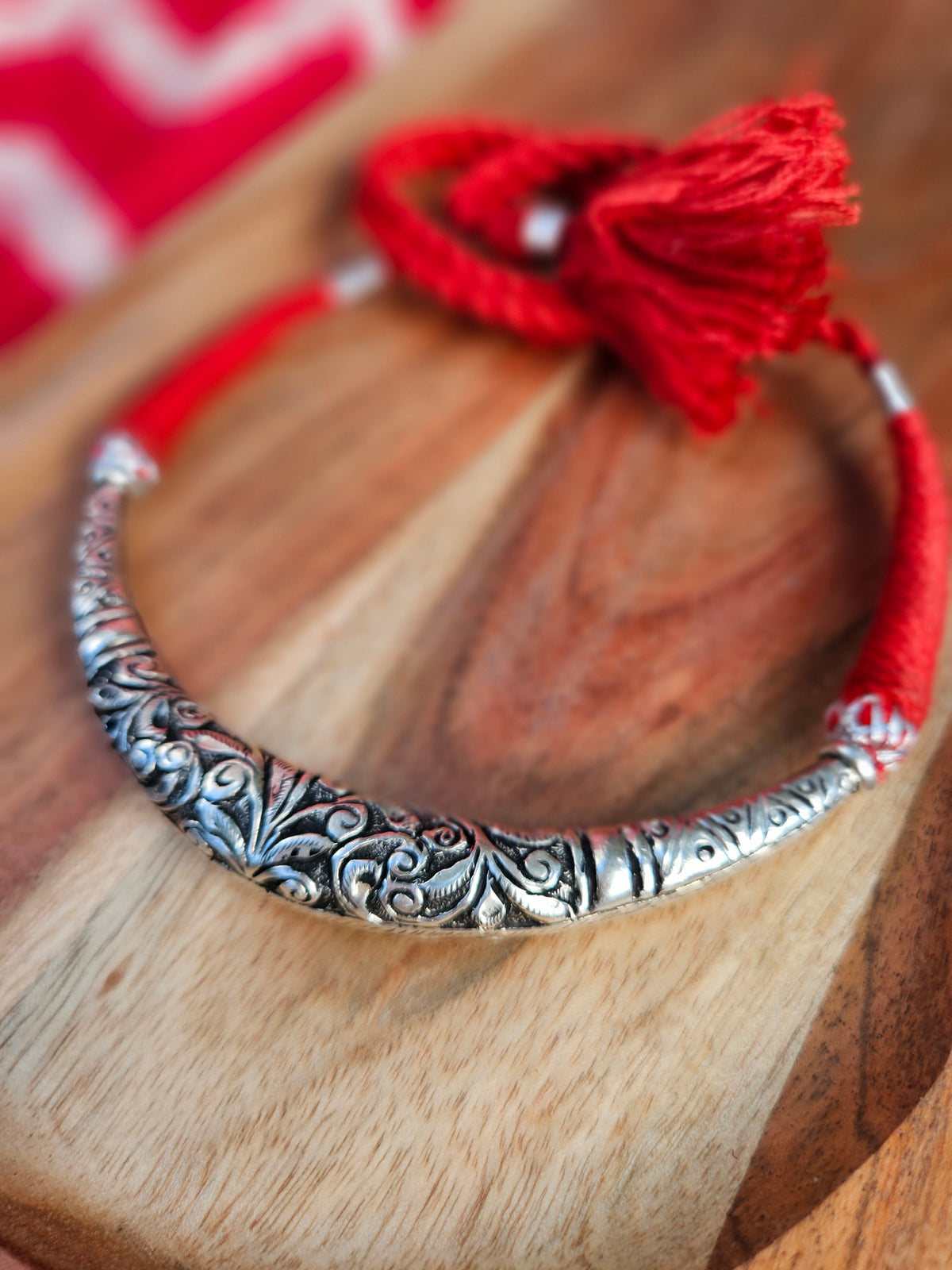 Chitai Work Silver Hasli Necklace – Handmade 925 Oxidized Sterling Silver Choker with Red Thread