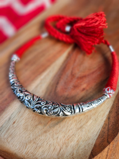 Chitai Work Silver Hasli Necklace – Handmade 925 Oxidized Sterling Silver Choker with Red Thread