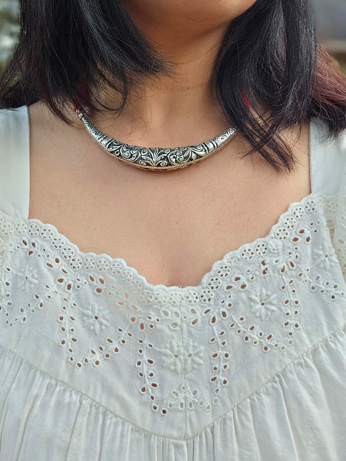 Chitai Work Silver Hasli Necklace – Handmade 925 Oxidized Sterling Silver Choker with Red Thread