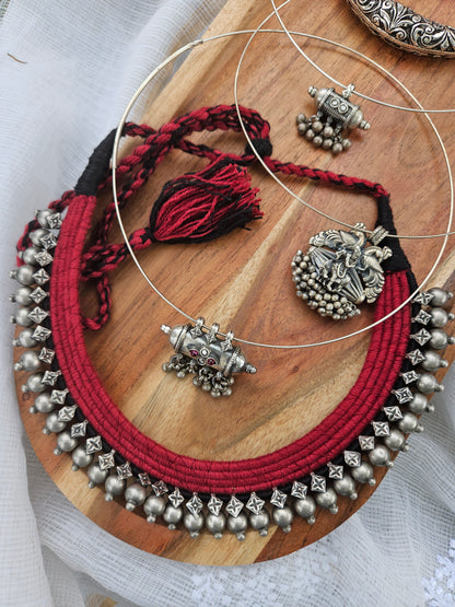 Rann Utsav Oxidised 925 Silver Thread Choker Necklace with Earrings | Handcrafted Tribal Rajasthani Kutchi Jewelry Set